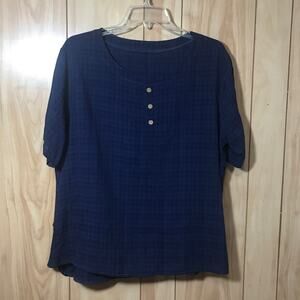 Sheer Blue Plaid Scoop Neck Short Sleeve Top 2XL